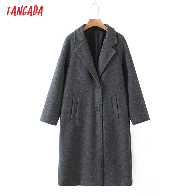 

Tangada Women 2021 Winter Gray Thick Woolen Coats With Button Loose Long Sleeves Pocket Ladies Elegant OverCoat 2Z18