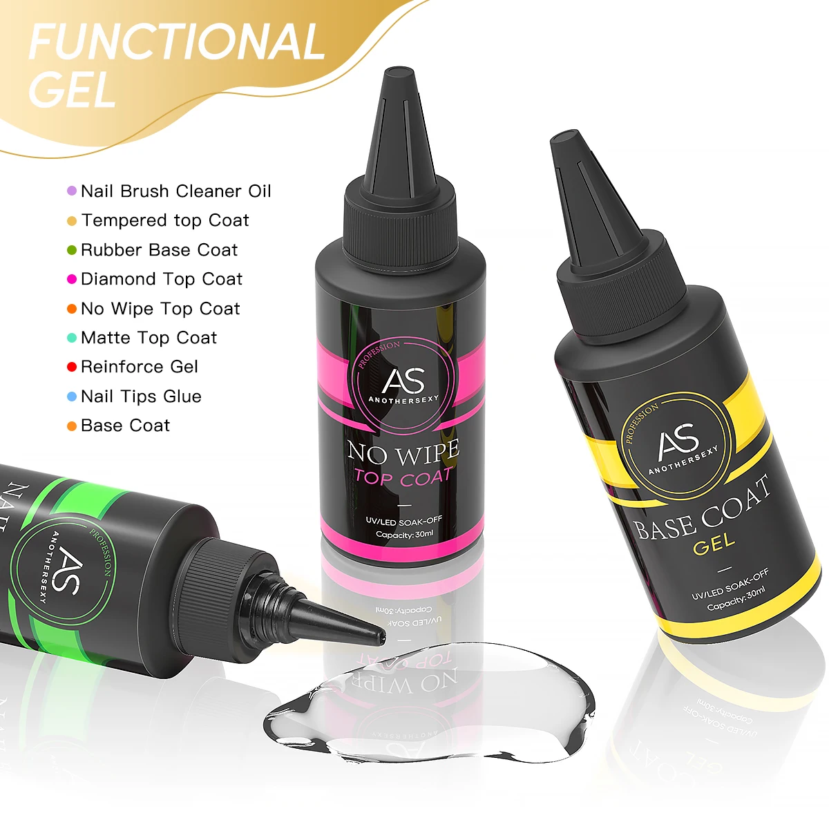 

AS 30ML No Wipe Top Coat Refill Package Nail Art Soak Off UV LED Base Gel Matte Top Nail Gel Polish Manicure Super Quality