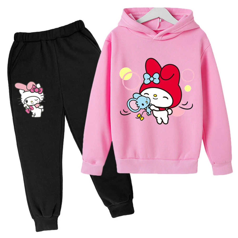 Купи Hello Kitty Hoodies Sets Kids Boys Girls Sweatshirts And Trousers Cotton Costume Outfits 4-14 Years Old Cartoon Casual Suits за 599 рублей в магазине AliExpress