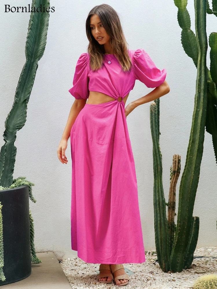 

Bornladies розовые ажурные платья для женщин шикарное праздничное летнее платье миди с О-образным вырезом и пышными рукавами однобортное элеган...