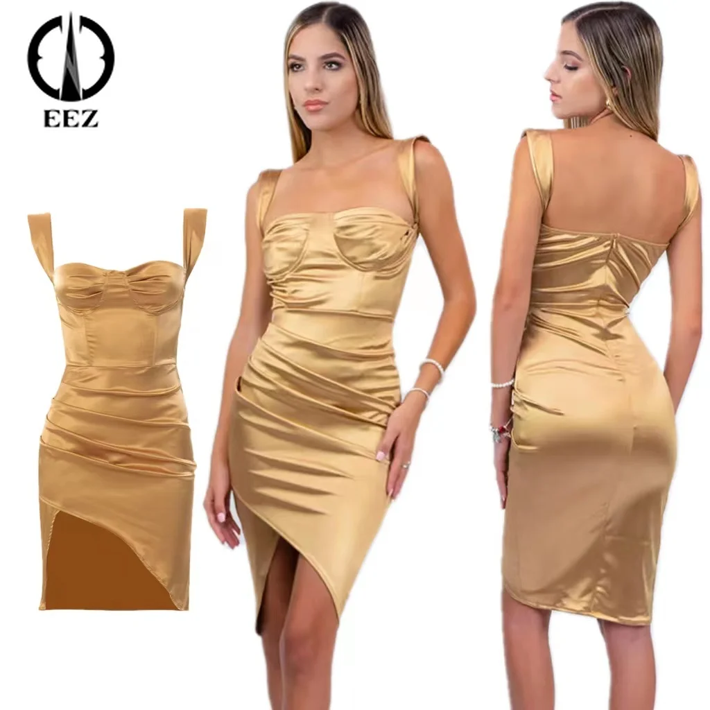 

【Irregular Hem】Women Slim Golden Dress Fashion Sexy Mini Pleated Dress Sleeveless Coquette Front Split Party Strappy Dresses