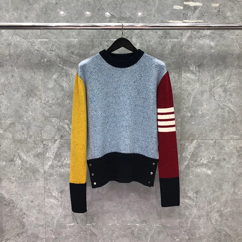TB THOM Sweater Autunm Winter Sweater Male Fashion Brand Multicolor Spoted Wool White 4-Bar Stripe Knit Crew Neck Pollover Coats