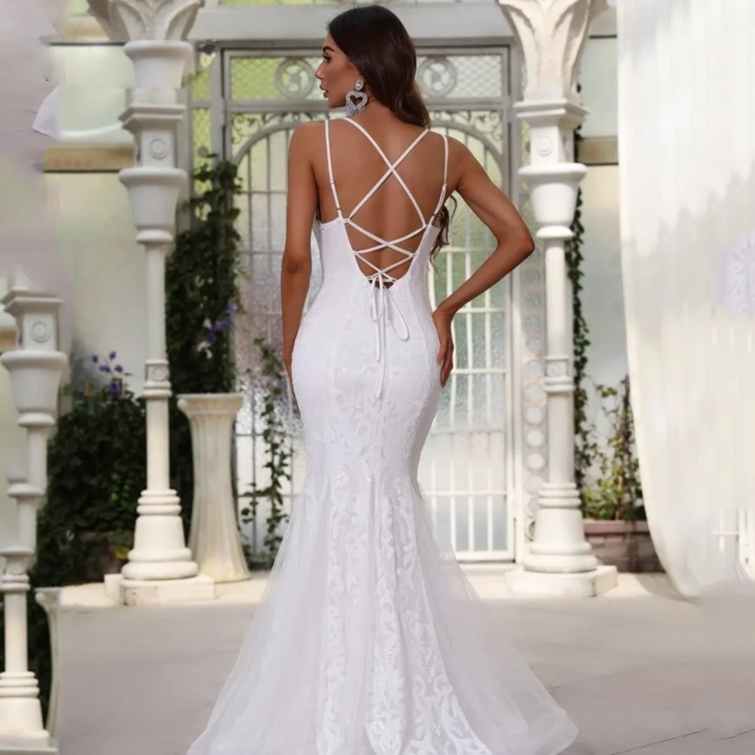 Женское кружевное платье-Русалка на тонких бретельках с открытой спиной для