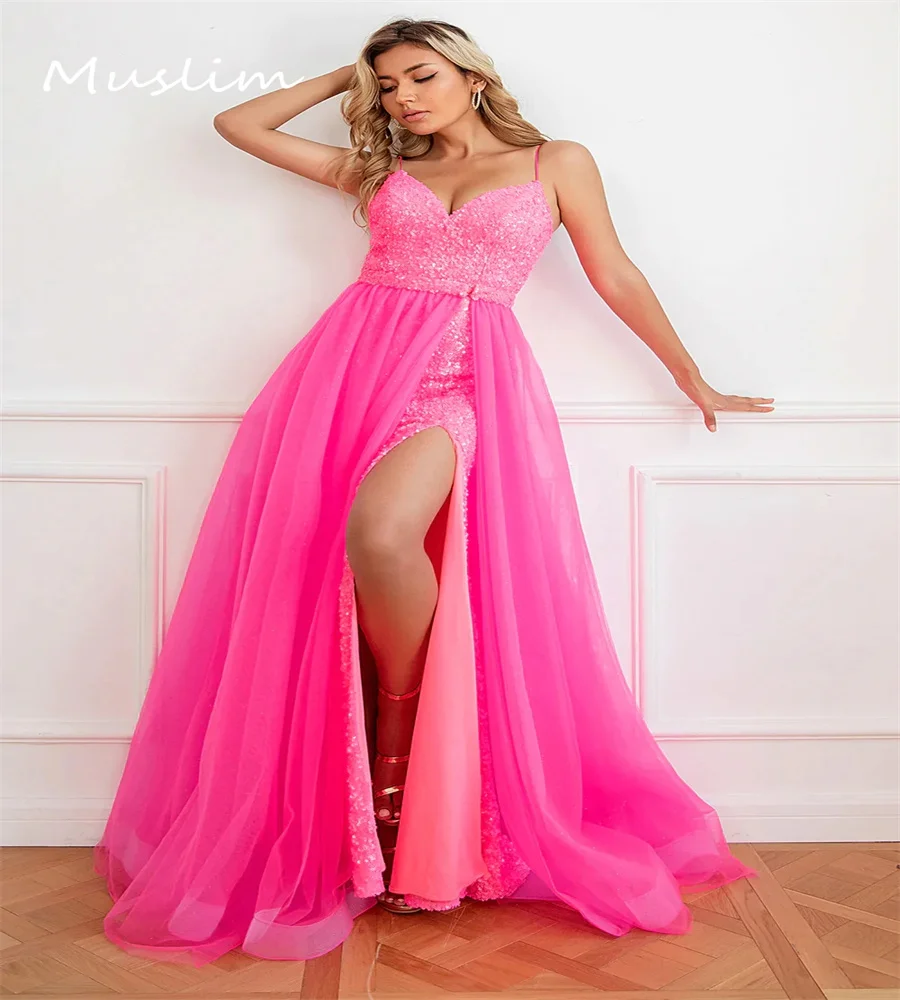 

Luxe Hot Pink Blue Sequin Evening Dress With Detachable Train Elegant Mermaid 2 In 1 Prom Dress Holiday Birthday Formal Party