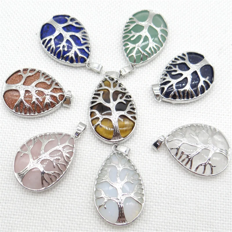 Natural Gem Stone Quartz Lapis Pendant Handmade Silver Color Tree Of Life Drop Shaped Etc Reiki Jewelry Necklace Making 12pcs