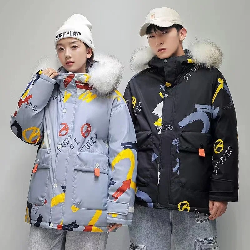 2022 Girl's Duck Down Jacket Winter Fashion Graffiti Print Luxury Fur Collar Hooded Puffer Jacket Couples New Thicken Warm Coats