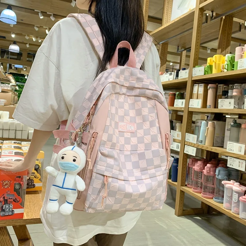 

TRAVEASY Middle School Bags for Teenage Girls Nylon Woman Backpacks Fashion Plaid Female