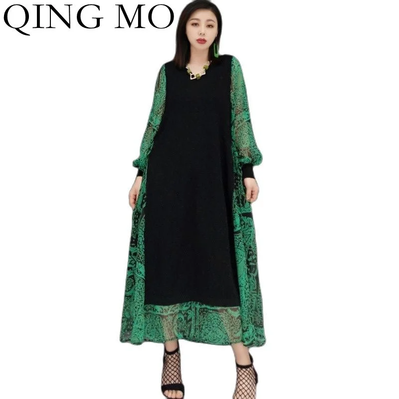 

QING MO 2023 New Spring Summer Mesh Stitching Casual Temperament Dress Long-sleeved V-neck Pullover Dress Green ZWL2086