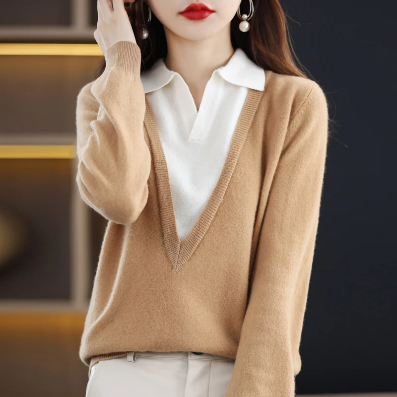 Spring And Autumn New Sheep Sweater Fake Two-Piece Knitted Bottoming Shirt Women's Slim Slim Temperament All-Match Top