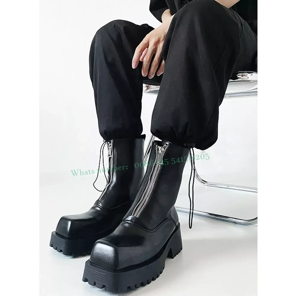 

2022New British Square Toe Chelsea Boots for Male Lovers Black Leather Medium Top Thick Soled Short Boots Solid Front Zipper Sh