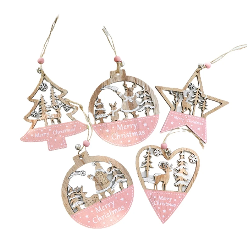 

5Pcs Pink Christmas Decorations Wooden Pendant And Stars Christmas Tree Heart-Shaped Santa Christmas Decorations