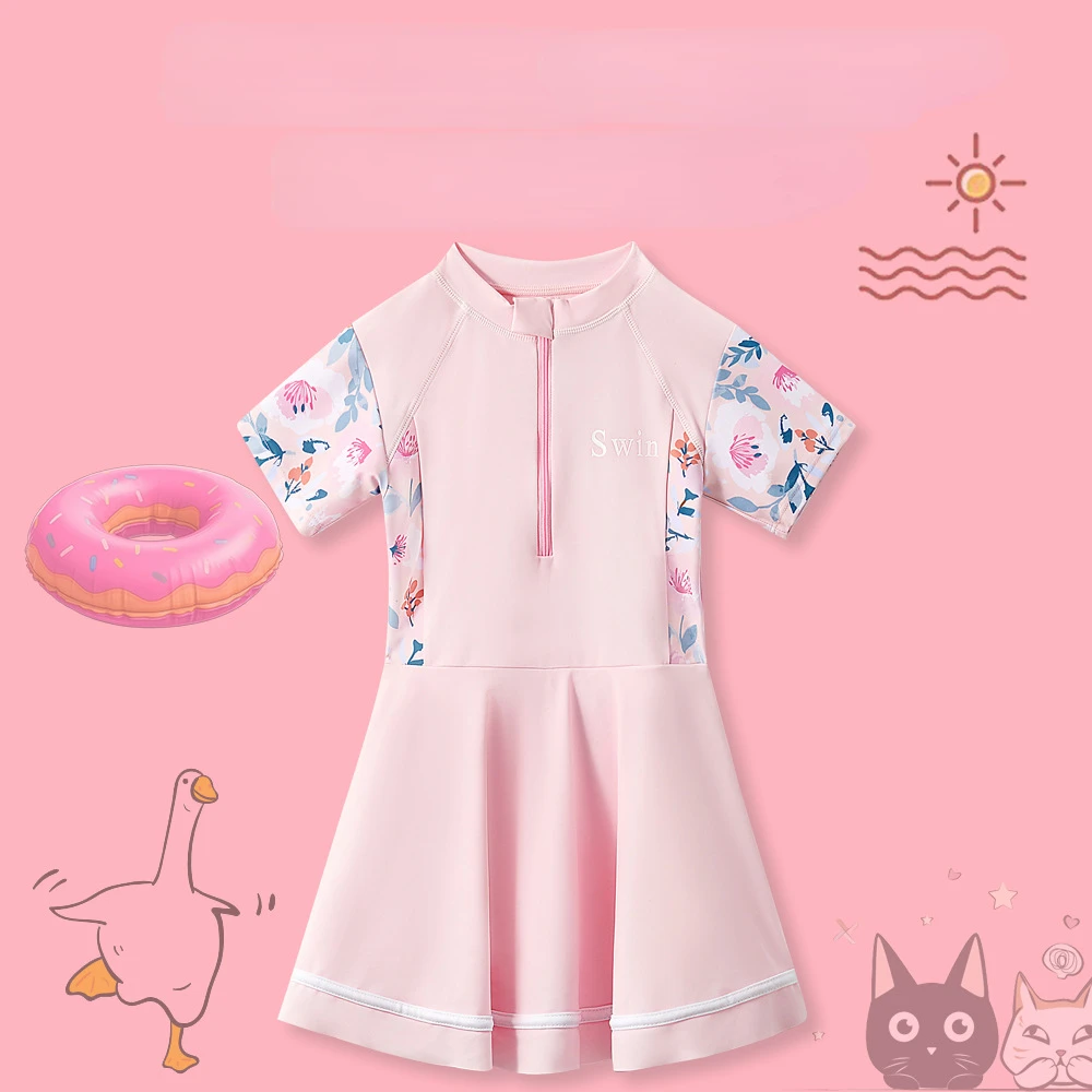 

Two Pieces Girls Swimsuit Summer Beach Swimwear Skirt With Underwear Short Sleeve Kids Vacation Clothes For Girl Blue, Black