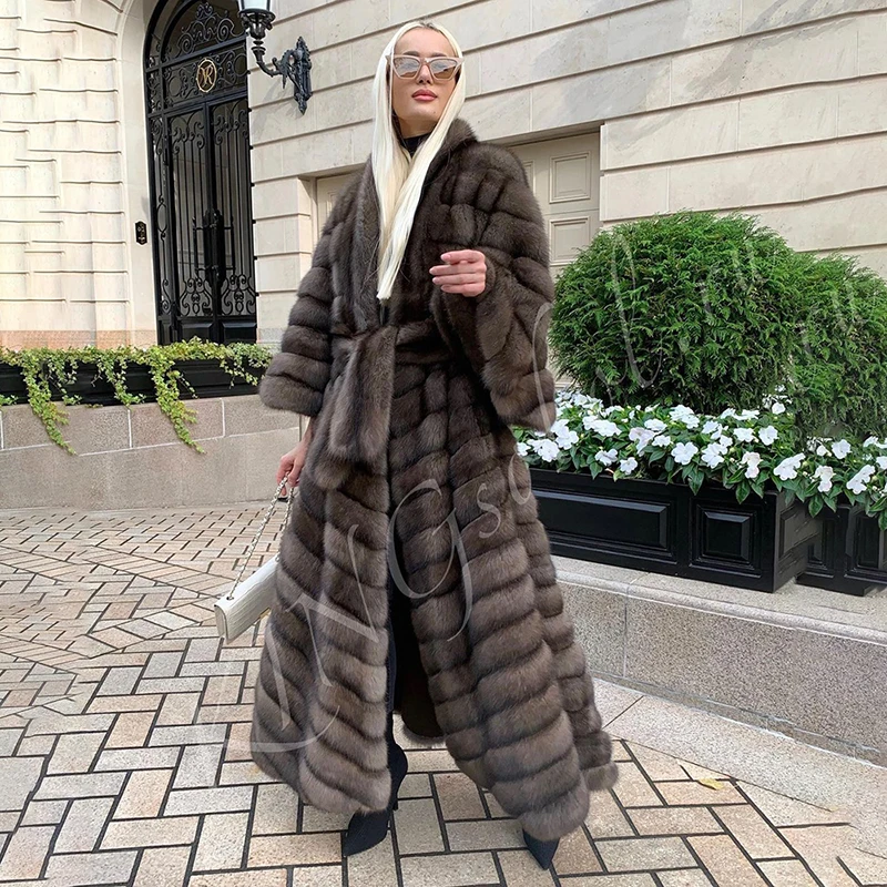 Genuine Grey Fox Fur Overcoat Women Winter Luxury Straight Fashion Loose Lapel Bat Sleeve Natural Real Fur Coat Female