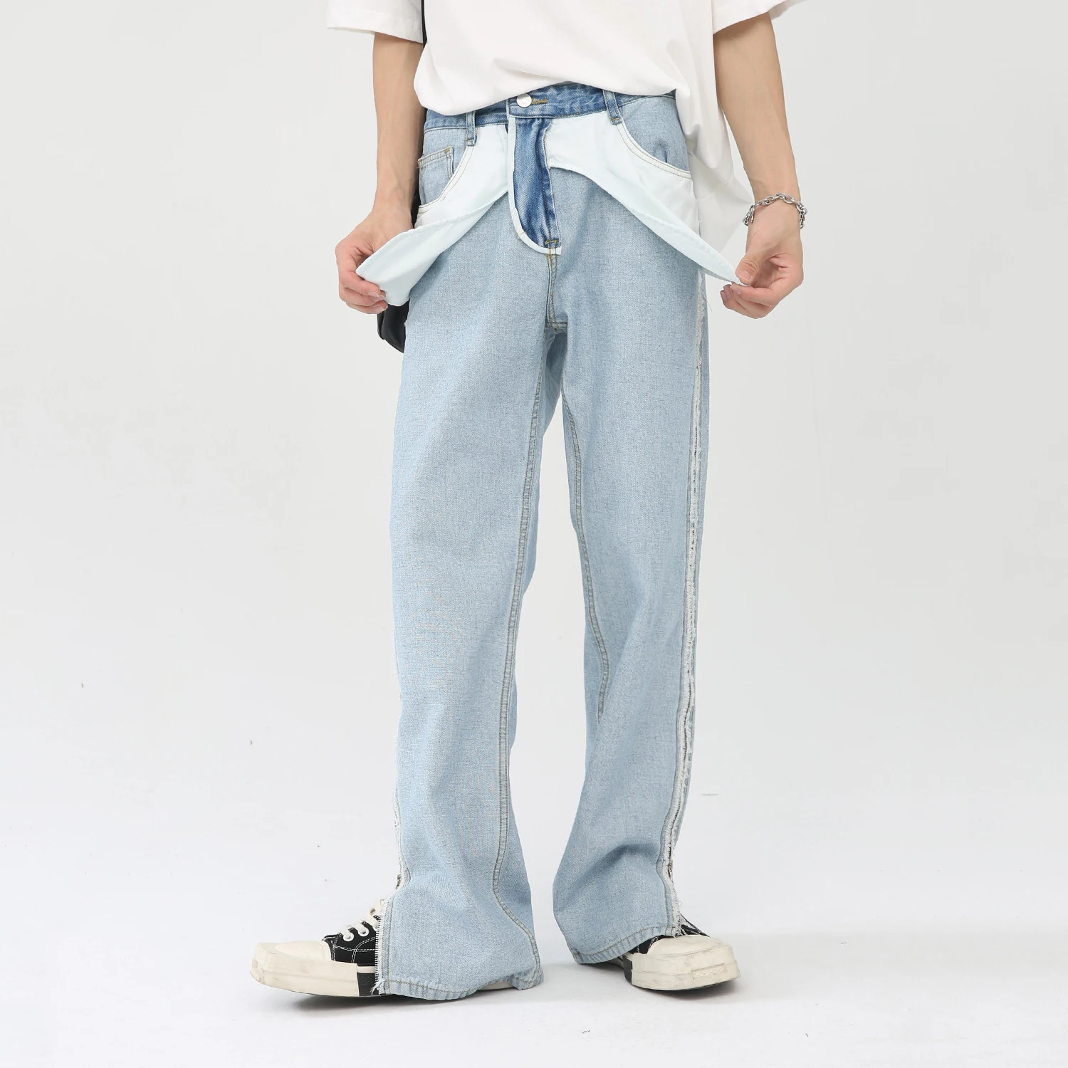 Jeans Men Four Seasons Blue Straight Trend Jeans Reverse Design Loose Casual Zipper Slit Trousers Y2k Aesthetic Pants Men Jeans