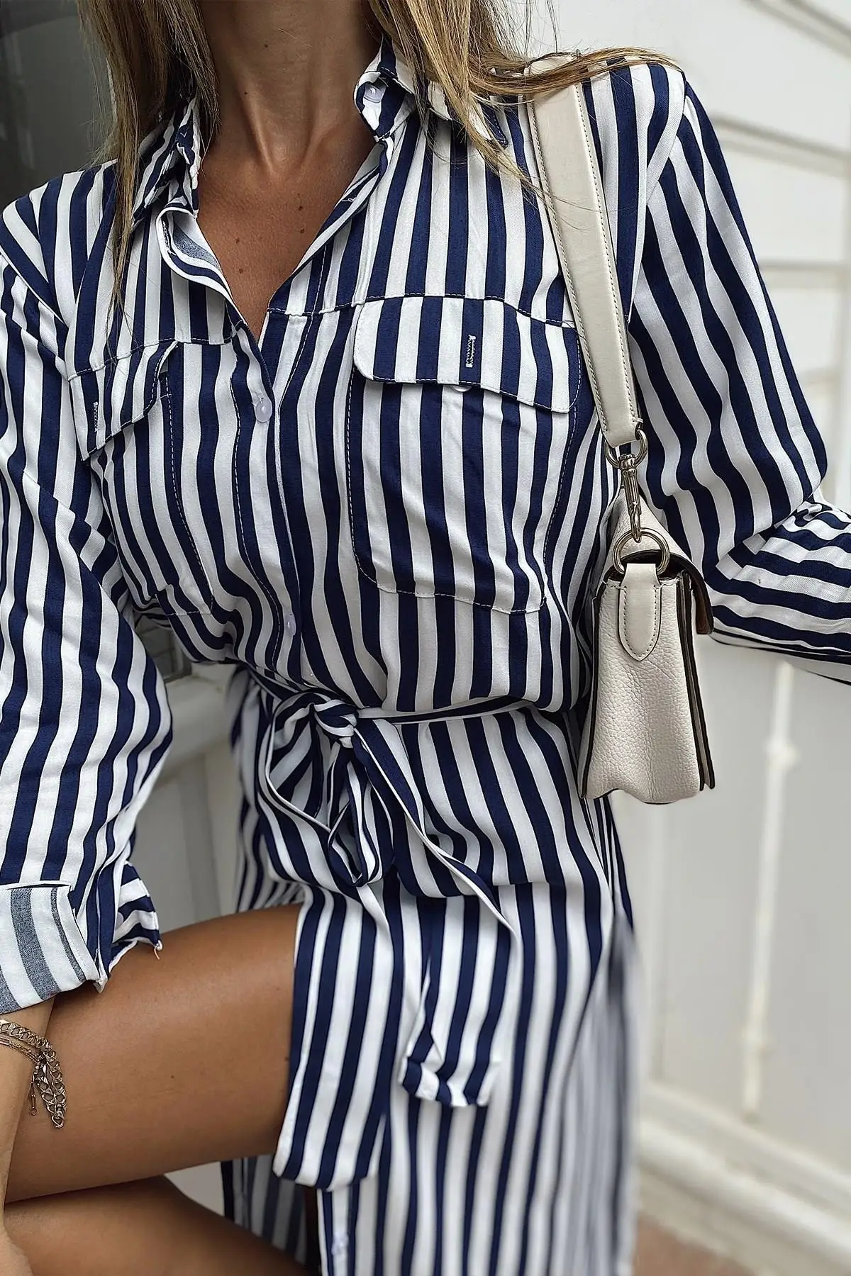 

Articulated Gusset Striped Shirt Dress