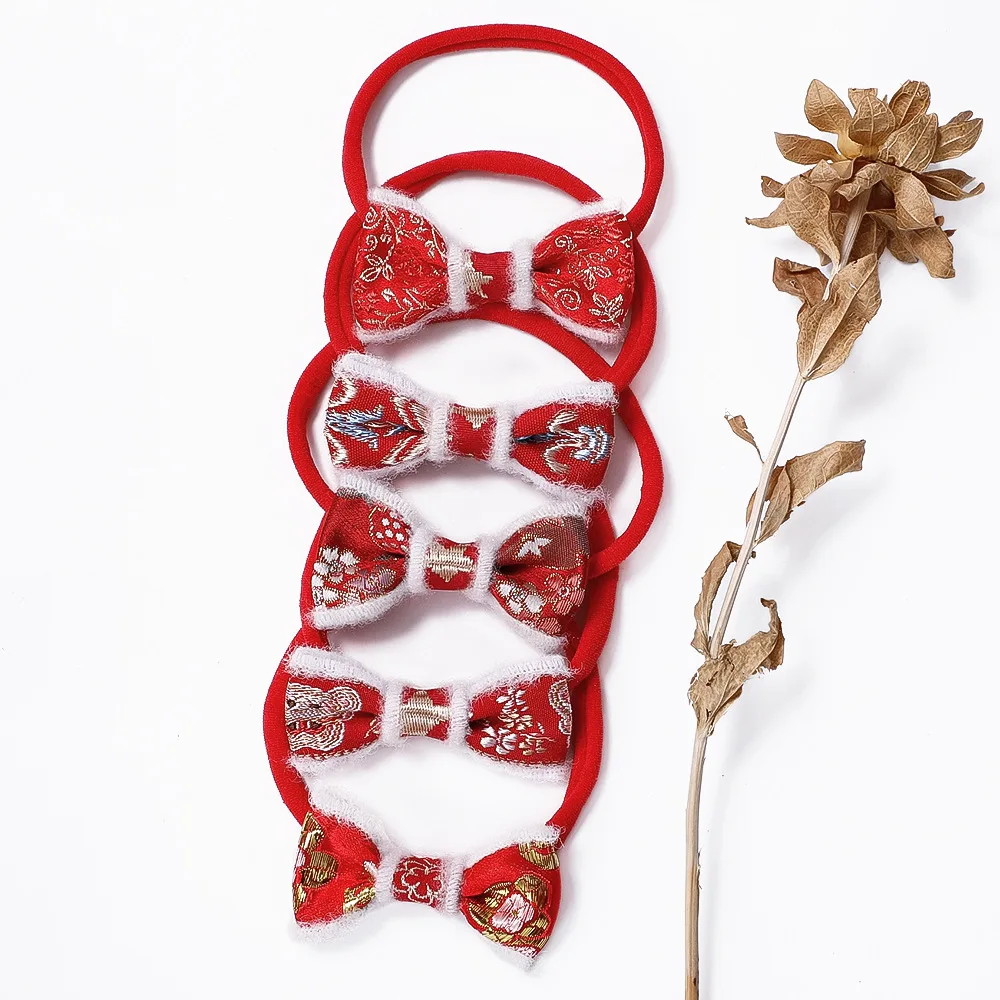 

1PCS Baby Hair Rings Elastic Nylon Headrope Girl Red Fabric Festive Bows Children's Fine Hair Bands Wholesale