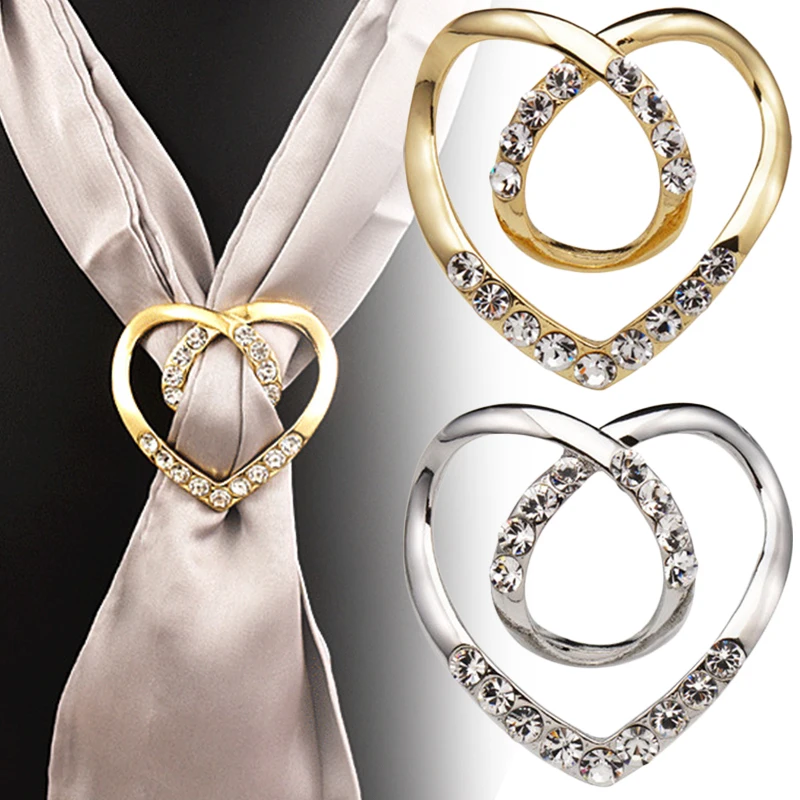 

Women Heart Crystal Brooches Heart Scarf Buckle Rings Silk Scarf Shawl Ring Clip Scarf Fastener Hem Knotted Button Accessories