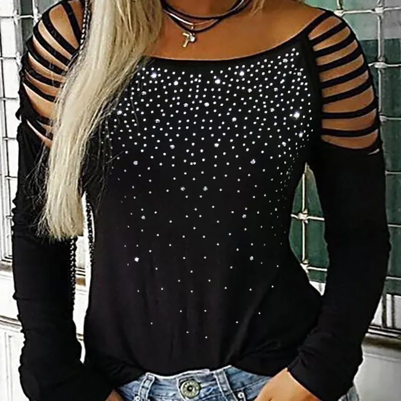 

Женская футболка с длинным рукавом и воротником-стойкой, черная Универсальная футболка разных цветов с нашивкой из искусственных кристалл...