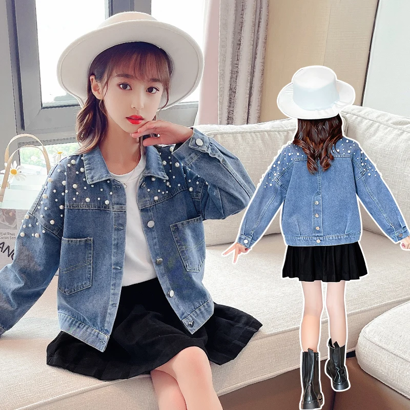 

Spring and Autumn Children's and Girls' Beaded Denim Coat Jacket 4-11Y