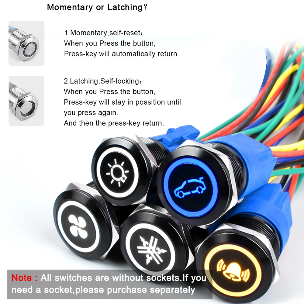 16mm Black Metal Shell Push Button Switch LED Ring Custom Pattern Car DIY ON/Off for 5/8 Inch Mounting Hole Red Green Blue White |
