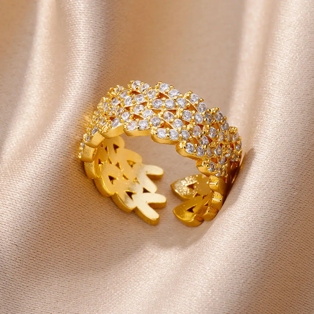 

Luxury Gold Plated Zircon Rings For Women Opening Adjustable Stainless Steel Jewelry Wedding Party Girl's Sexy Ring