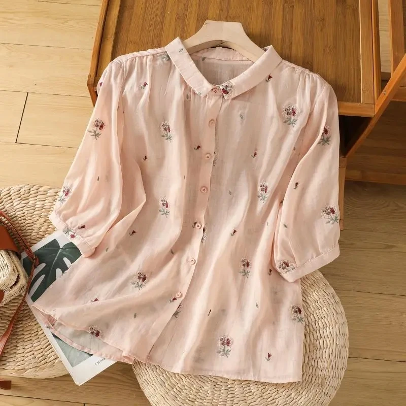 Новинка женская рубашка с вышивкой рами женский летний тяжелый удобный топ в