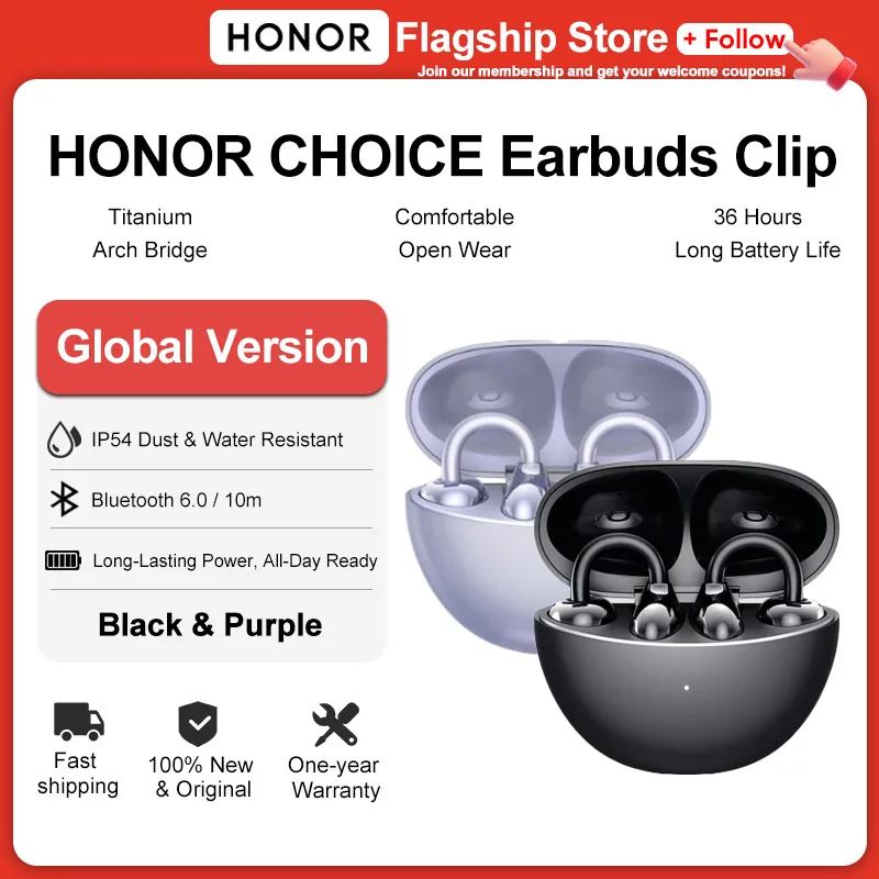 Фото 100% Оригинальные наушники HONOR CHOICE с креплением-клипсой, открытого типа, Bluetooth 5.3, с шумоподавлением ENC, 36 часов работы от батареи, легкие (5.1 г), IP54 №1