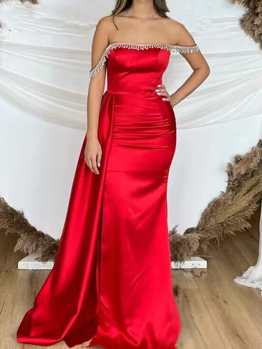 

Женское элегантное атласное платье в пол без бретелек