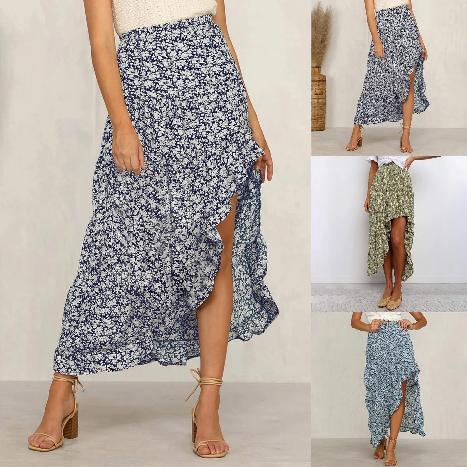 

Swing Ruffle Long Side Boho Split Skirt Low Floral Elastic Maxi Women Dresses Dress Print Waist High Skirt