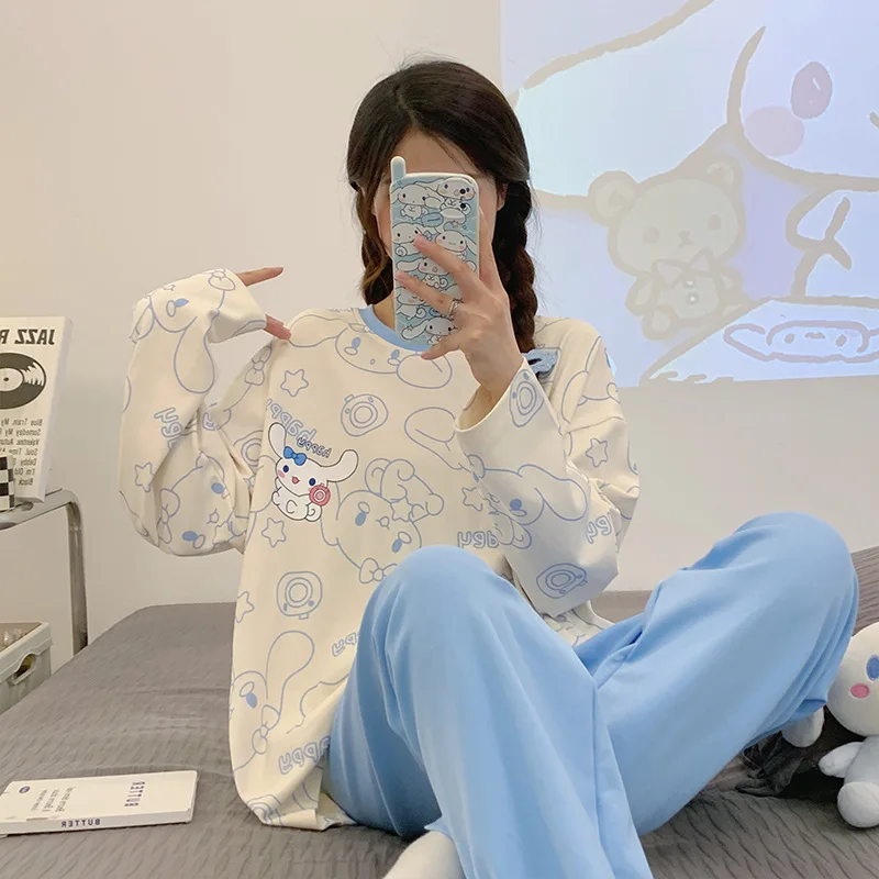 

New Autumn Cute Anime Women's Pajamas Set Kawaii Sanrioed Cinnamoroll Kuromi Pochacco Sleepwear 2024 Spring Long Sleeve Homewear