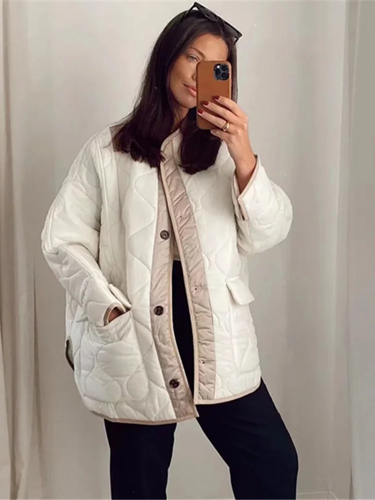 Fashion Single Breasted White Qulited Jackets Women 2022 Autumn Winter Casual Loose Irregular Hems Parkas Coats Streetwear