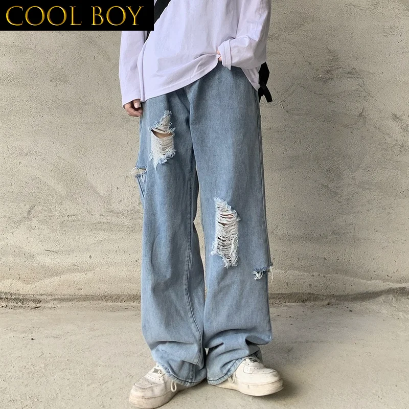 

E BOY Jeans Men Hole Denim Summer Fashion Japanese Style Retro джинсы Loose Straight Solid All-match Vintage Teens Unisex Cool