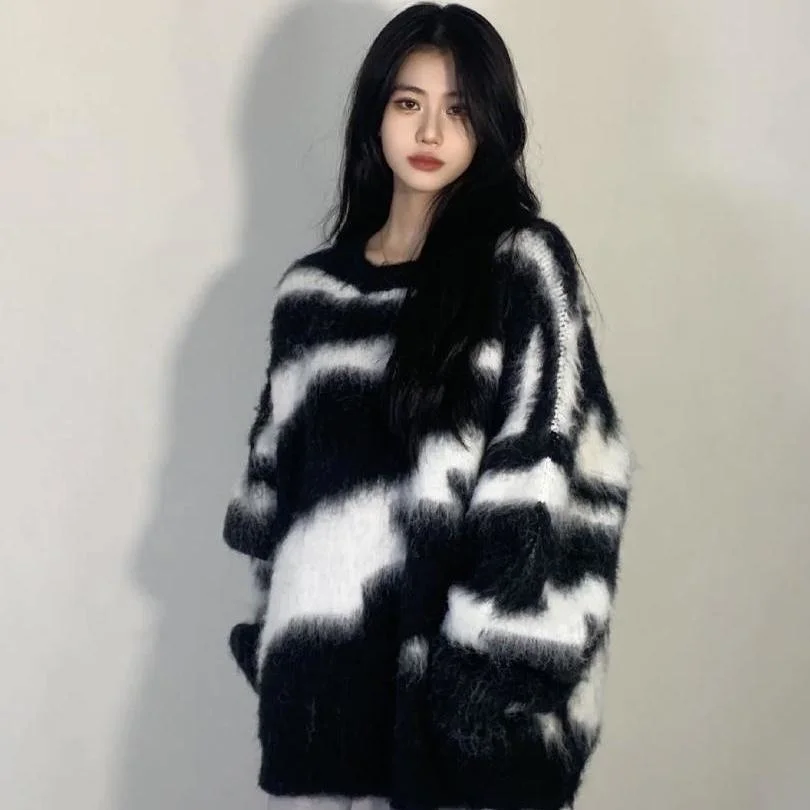 

Tie Dye Sweater Women Black White Zebra Striped Pullover Autumn Lady Long Sleeve Top Female Fashion Knitted Korea Style Pulovers