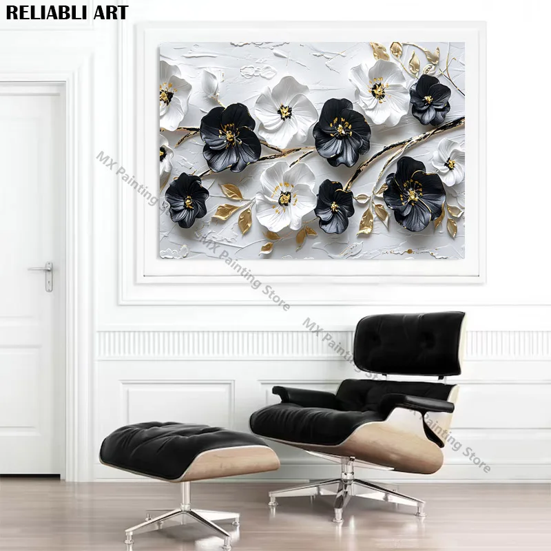 Абстрактное искусство черно-белые цветы Золотые листья на холсте плакаты
