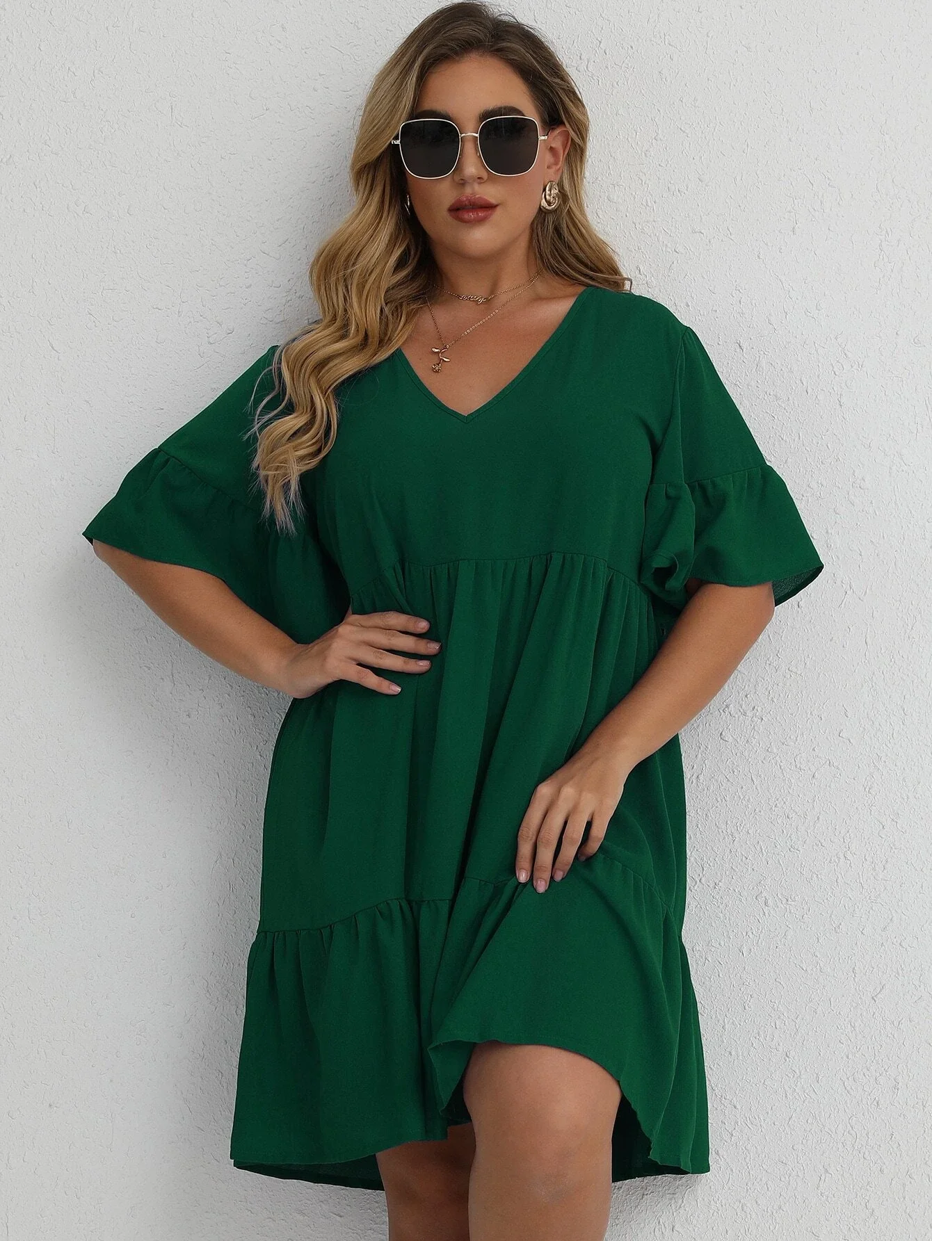 

Plus Solid Ruffle Hem Smock Dress