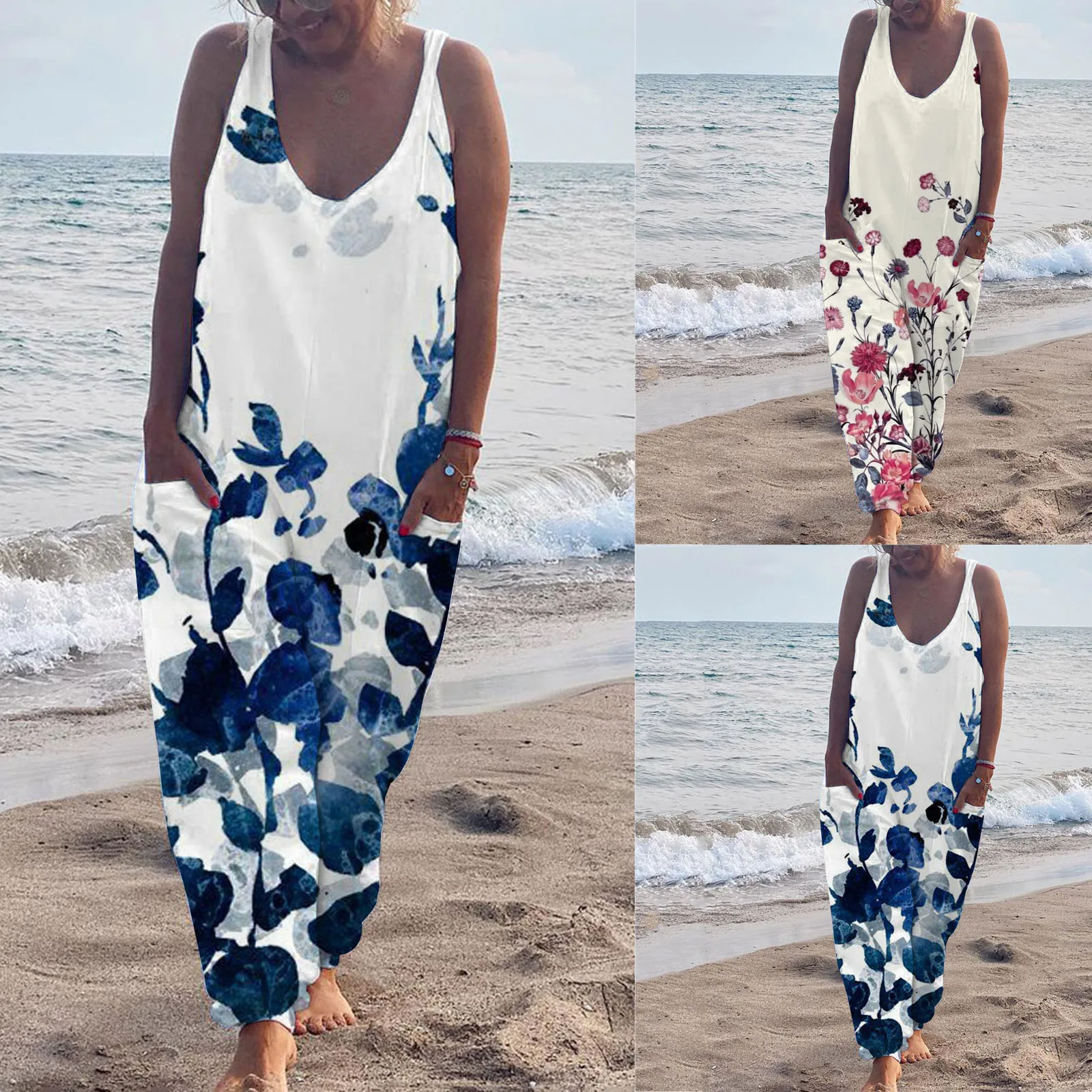 

Women Summer Floral Printed Casual Jumpsuit Pocket V Neck Daily Regular Fit Sleeveless Jumpsuit Combinaison Femme