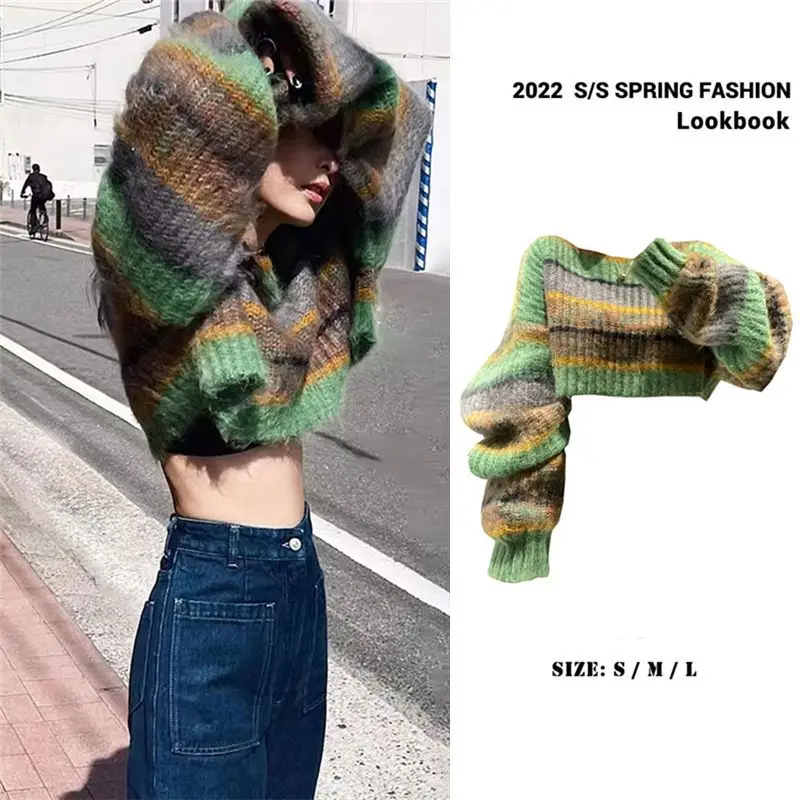 

2022 Spring and Autumn vintage high sense loose sweater sweater top stripe short lazy sweater jumper