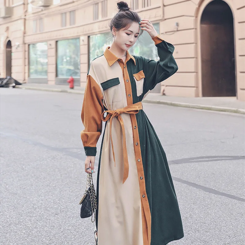 

Slim Waist Long Dress with Belt 2022 Spring and Autumn Newest Shirt Dress with Button Loose Korean Fashion Clothing Shirt Dress