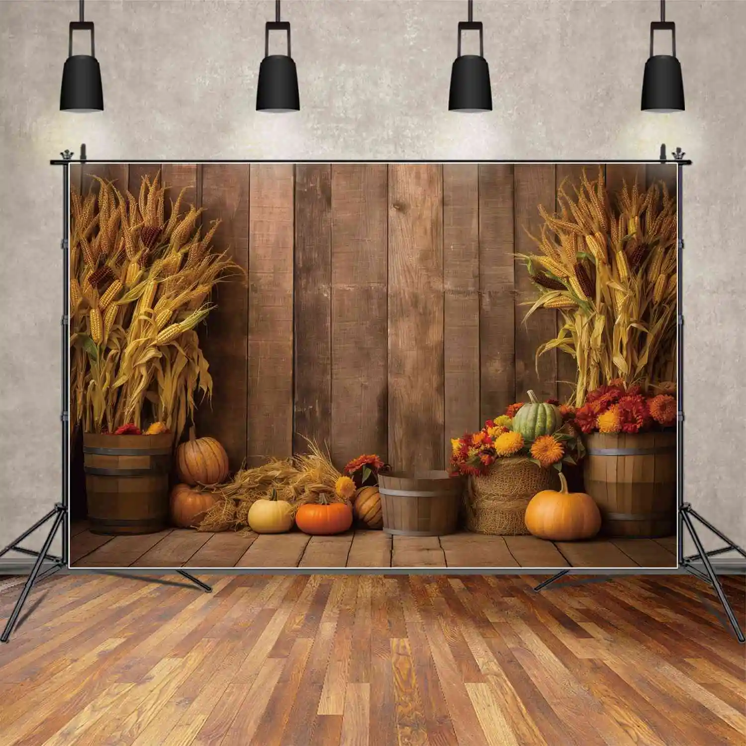

MOON.QG Backdrop Children Autumn Wood Plank Wall Floor Background Thanksgiving Party Props Corn Pumpkin Flower Board Photo Booth