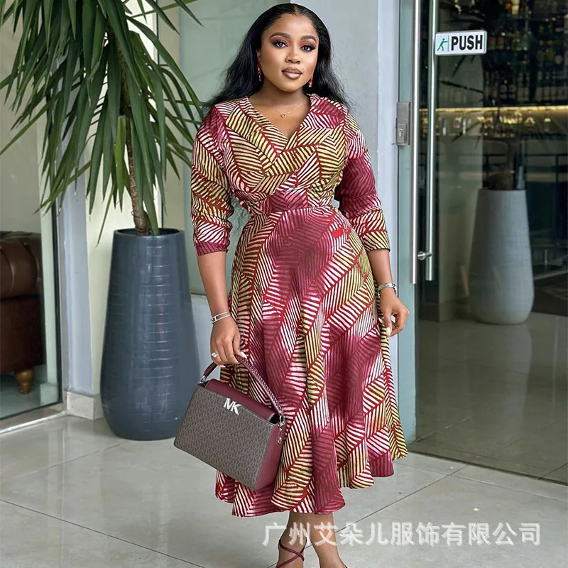 

Woman Dress 2023 New Sexy V-neck Fashion Elegant Long Dress Irregular Print 3/4 Sleeve Dress Fashion Printing Loose Casual Long