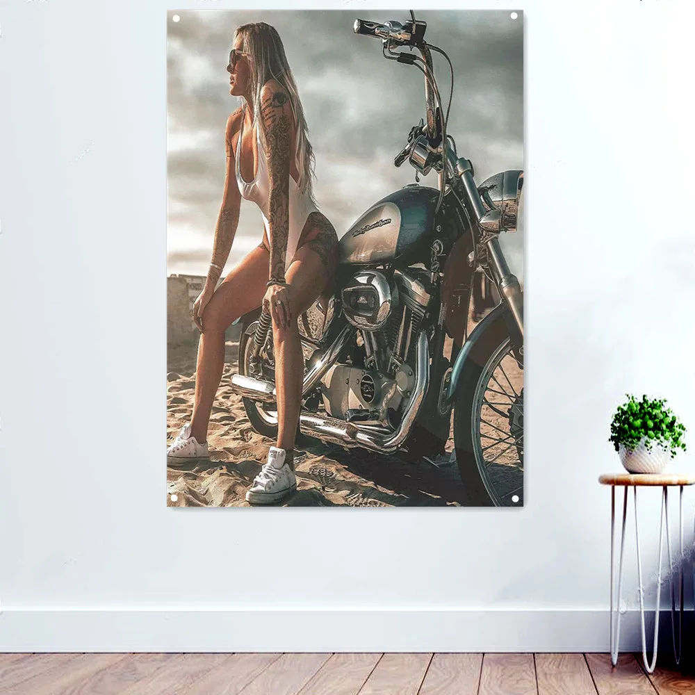 

Hot Women Motorcycle Posters Home Decor Banners Wall Hanging Flag Canvas Painting Wall Chart For Bedroom Living Room Dormitory
