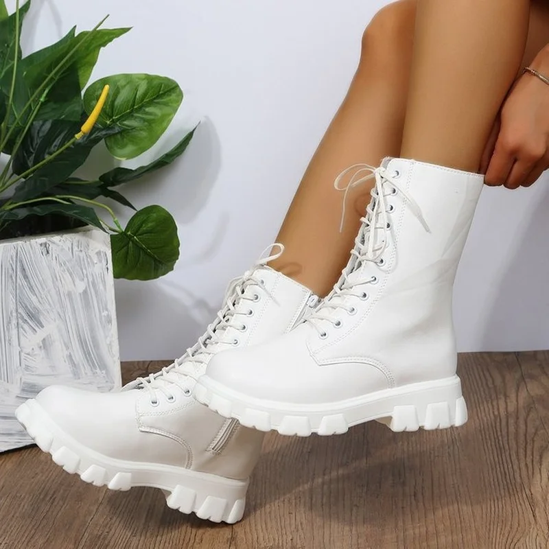 

Women's Martens Boots PU Leather White Ankle Boots Autumn Winter Motorcycle Boots Fashion Female Chunky Heel Platform Boots