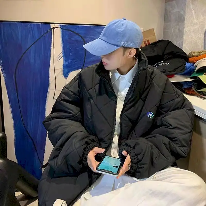 Men's Velvet Padded Winter Coat Warm Cotton Bubble Coat Bread Coat Fashionable All-match Black and White Basic Coat Men Clothing