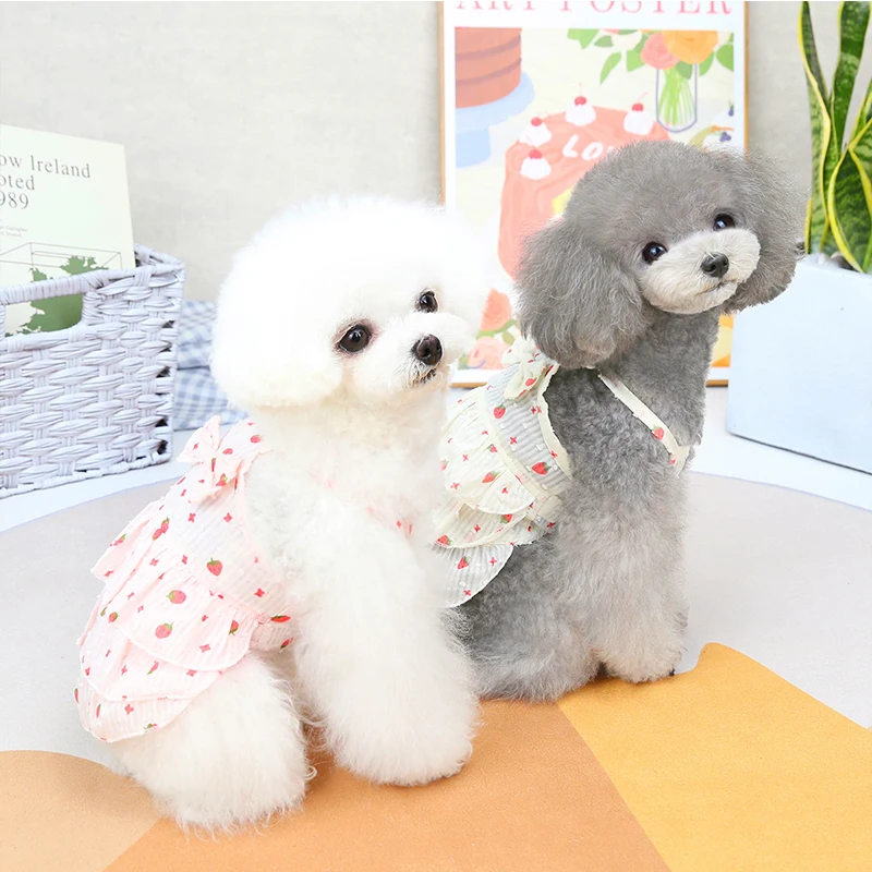 

Dog Cat Strawberry Lace Princess Dress Pet Summer Suspender Skirt Teddy Bichon Thin Breathable Clothes Sleeveless Skirt Costume