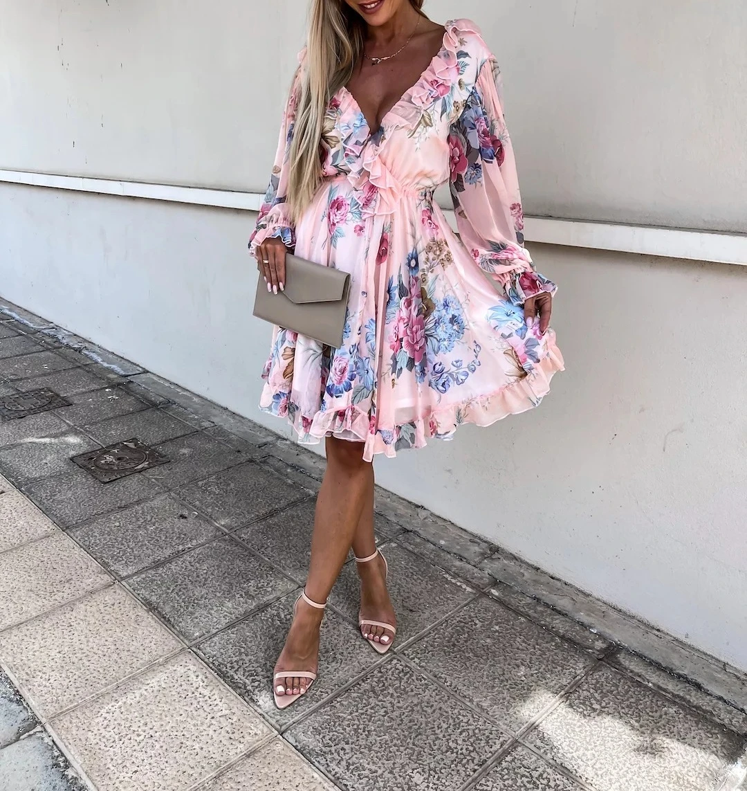 

Dress Women, Sexy Ruffle V-Neck Printed Long Sleeve Waist Dress, New in 2022
