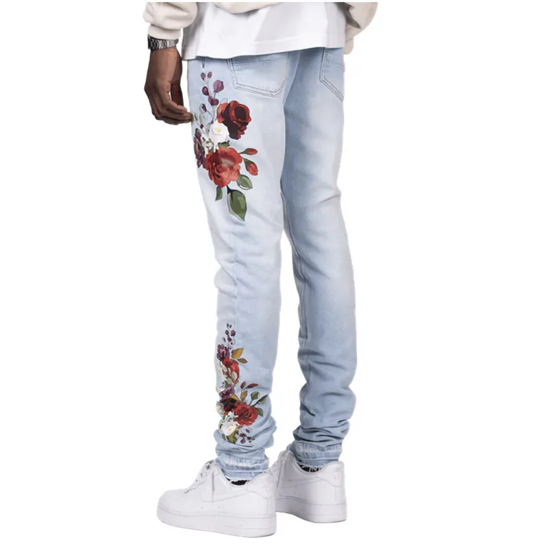 Mens Jeans Spring Summer New Fashion Streetwear Men's Rose Jeans Pencil Pants Full Length Denim Trousers