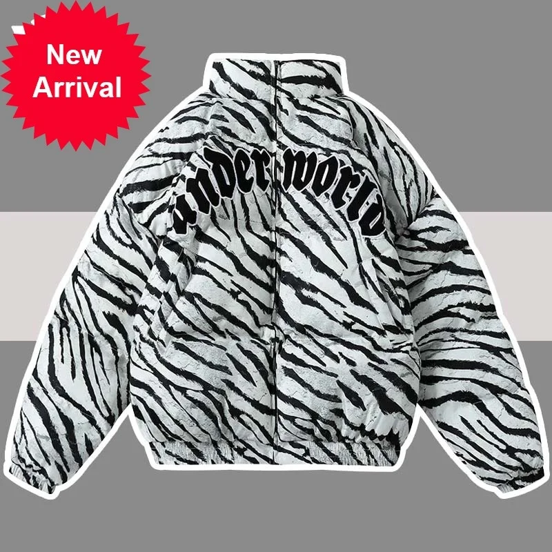 Pattern Parkas Men Zebra Hip Hop Streetwear Cotton Padded Zipper Parka Coats Harajuku Winter Embroidery Thick Warm Tops Outwear