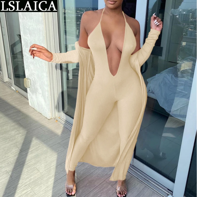 

Wholesale Items Summer Set for Women Long Sleeve Cardigan Sling Bodysuit Solid Color Sexy Two Piece Set Fashion Rib Knitted 2022