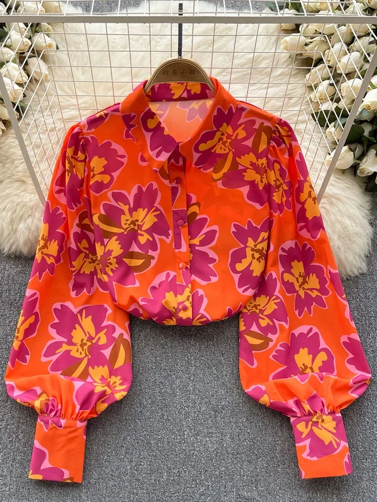 

Women Autumn Shirt Korean Version Retro Floral Lantern Sleeve Shirt Loose Slimming Niche Design Niche Romantic Top D5758