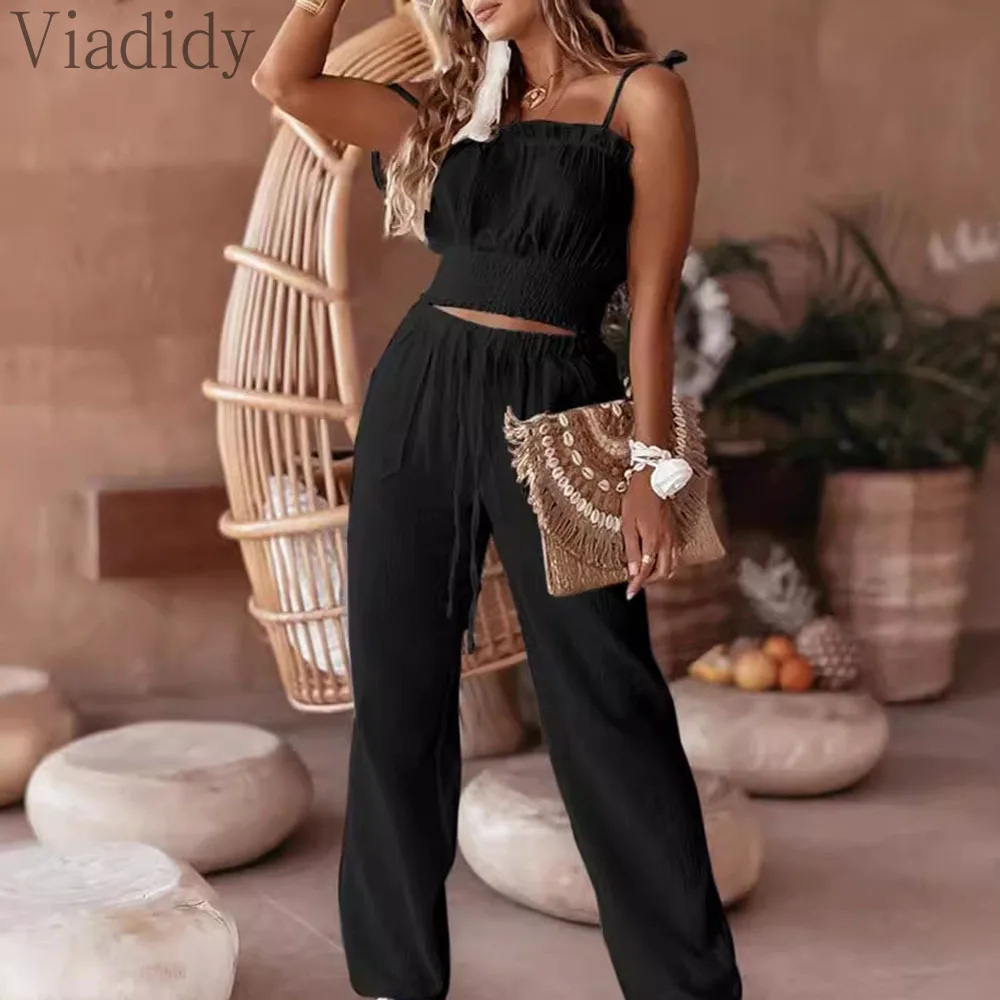 Женский Повседневный однотонный топ на бретелях-спагетти и прямые брюки с